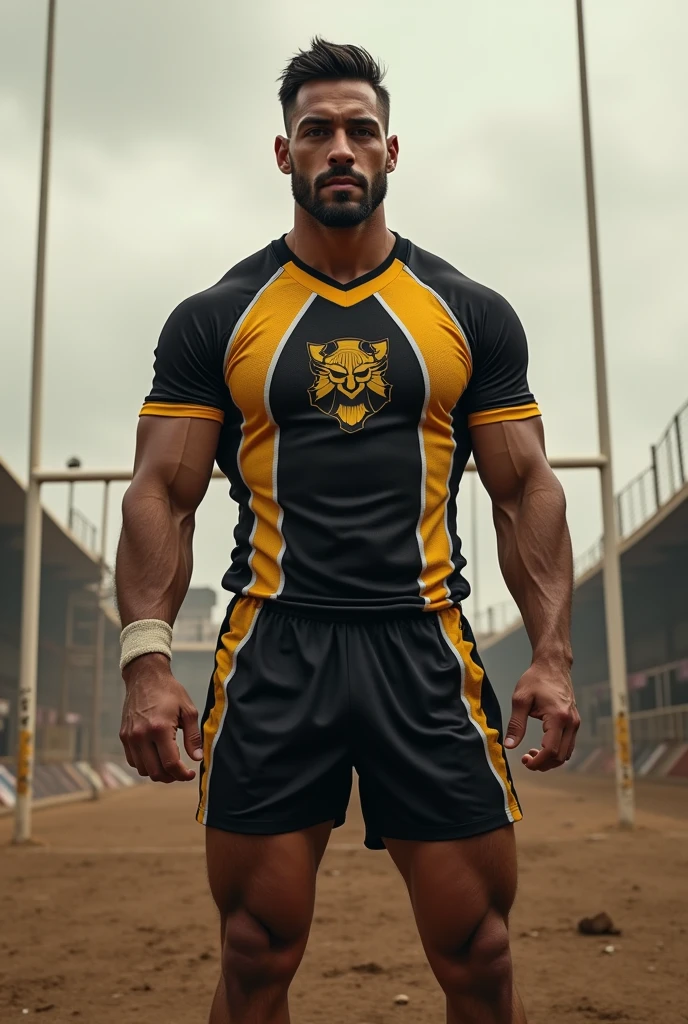 Rugby uniform in black, gold and white, with gold being predominant Spartan
 