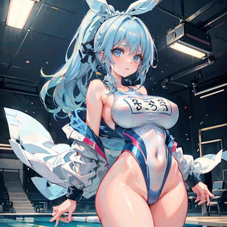 Anime Kawaii sexy Perfect Slim sensual body large breast and huge thighs, An intricate and highly detailed illustration of anime (Young girl  (cute), ((sexly)), ((Very detailed)), 4K, (8k), Highest quality,Cowboy Shot,Sexy woman, One Woman,Very large breasts,((Light blue hair color)),((Blue eyes)),(High Ponytail),((Embarrassing)),(((High leg competitive swimsuit))),Ultra-glossy body,Poolside