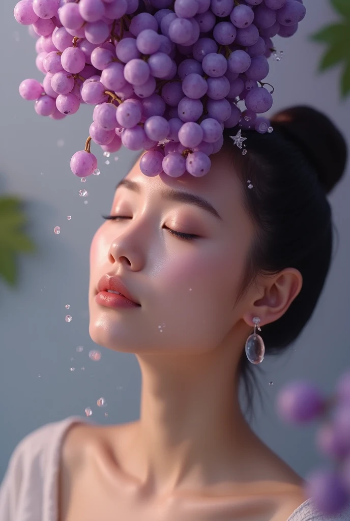 Imagine a calm woman, with eyes closed and serene, while performing your skincare carefully. ao mesmo tempo, purple grapes fall gently on your face, creating a shower of refreshing fruits. The scene combines the calm of your beauty ritual with the playful touch of grapes, reflecting a sense of indulgence and relaxation.