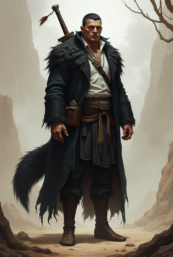 He is a tall indigenous man, 2 meters tall, with a square face and short dark hair and a beardless face with a smooth, clean-shaven face. His eyes are wolf-like and one of them is closed with pointy ears with earrings. He wears a dark black overcoat with a white shirt underneath and dark pants and has a strong physique with broad shoulders and chest and a large wolf tail. A large sword is strapped to his back. I would like the art in a fantasy RPG style. In the Old West