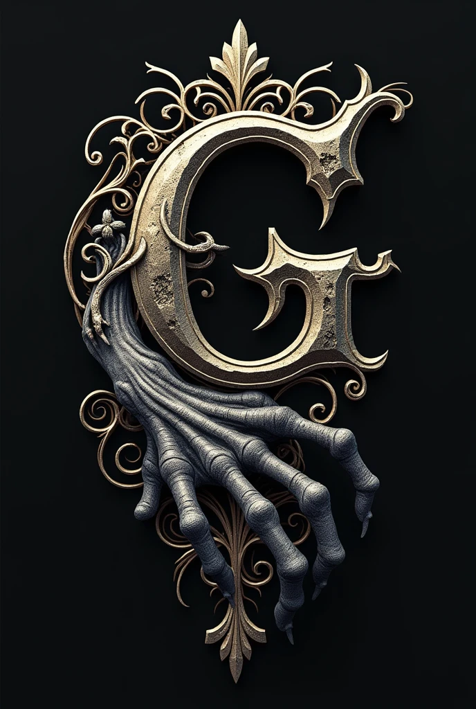 create a logo tattoo studio with the gothic font of the letter G with arebesques and a zombie hand