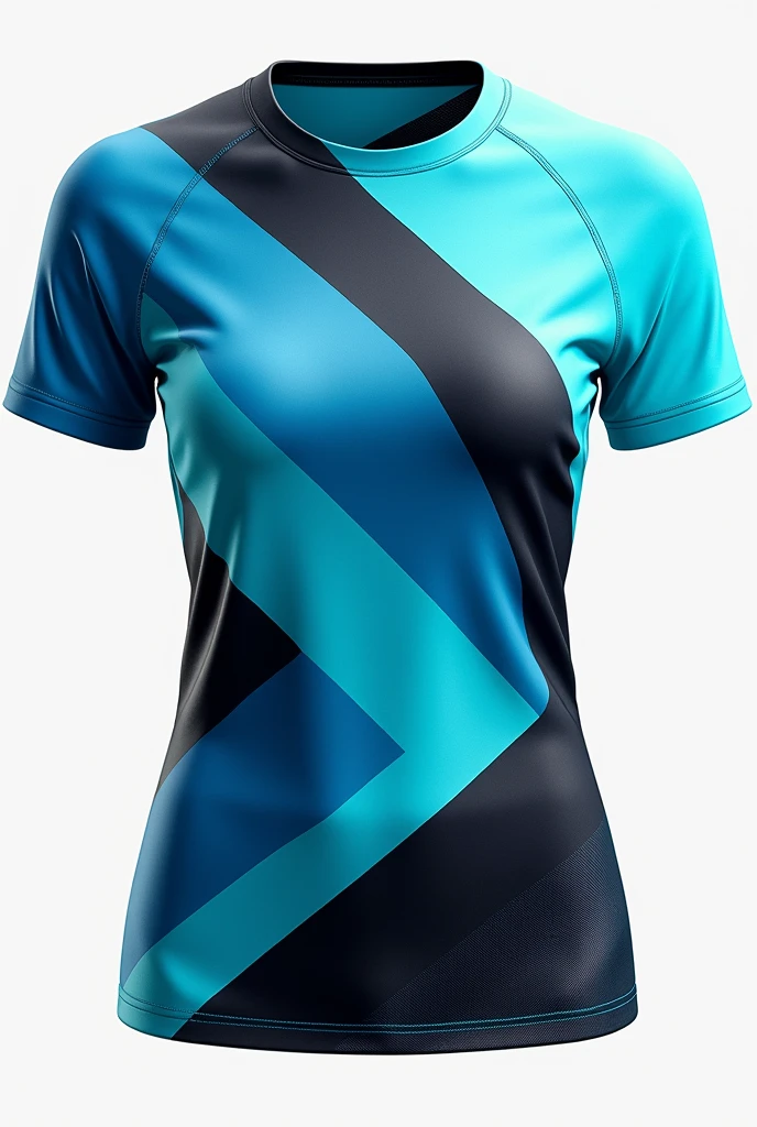 Create a women's sports t-shirt with designs in blue,celeste,negro