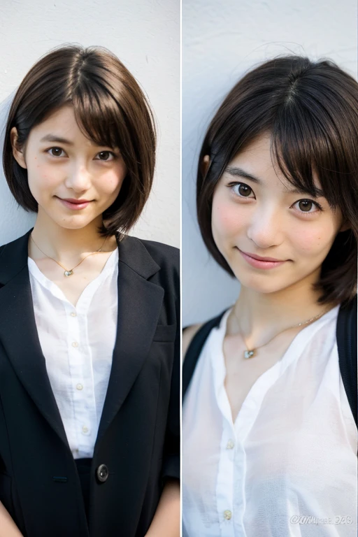 (Highly realistic photos, High resolution, Detailed face, Beautiful Eyes), ((Photographed in front of a white wall))、Japanese women, girls, ,A little dark, alone:1, Slim figure, one in the photo、Photographed in natural light、Simple Necklace、school uniform、profile、Dark brown hair color、Full body angle、smile、pixie short hair、
