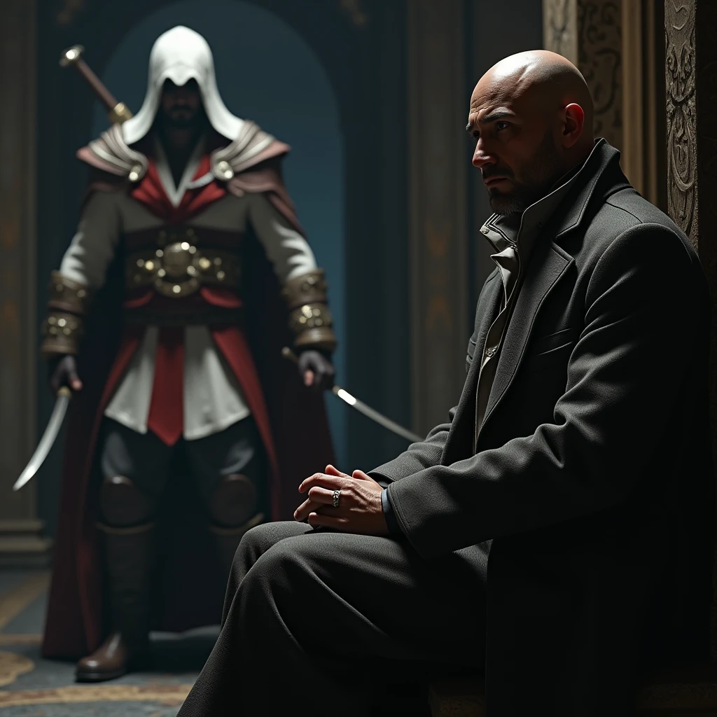 homme chauve asis avec un assassin's creed altair debout derriere lui avec sa lame secrete