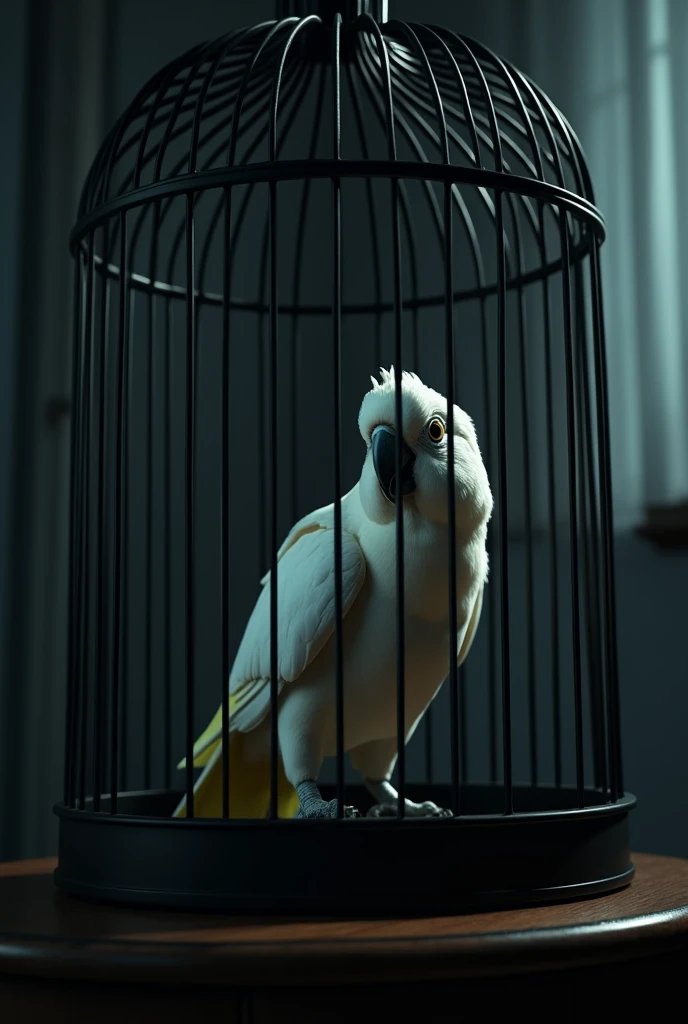 close up of a terrified small white parrot hiding in the corner of a huge bird cage on a living room table in the dark