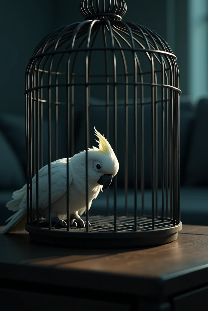 close up of a terrified small white parrot hiding in the corner of a huge bird cage on a living room table in the dark