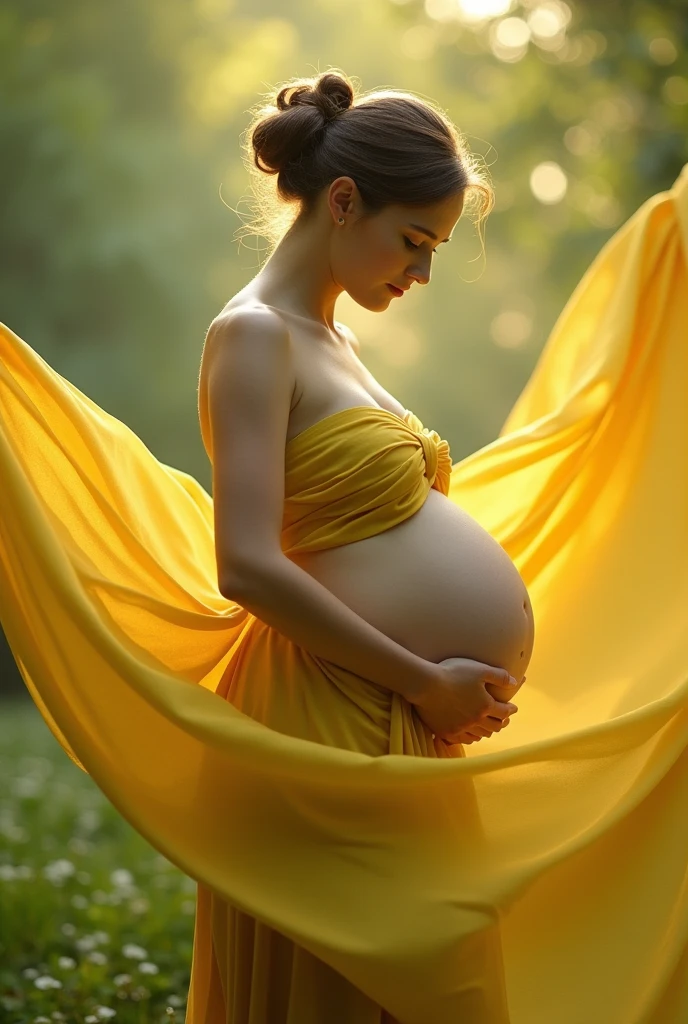 gestante, 9 meses, yellow green flowing fabric