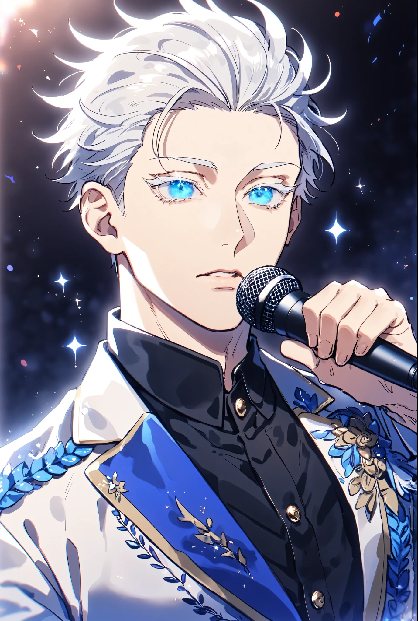 Ultra detailed, HDR, Highres, absurdres, masterpiece, solo focus, Gojou Satoru, white hair, black blindfold, covered eyes, idol clothing, mic, Jujutsu Kaisen, sexy man, handsome, stage, concert, handsome, sensual, best quality, glittering, solo, manly man