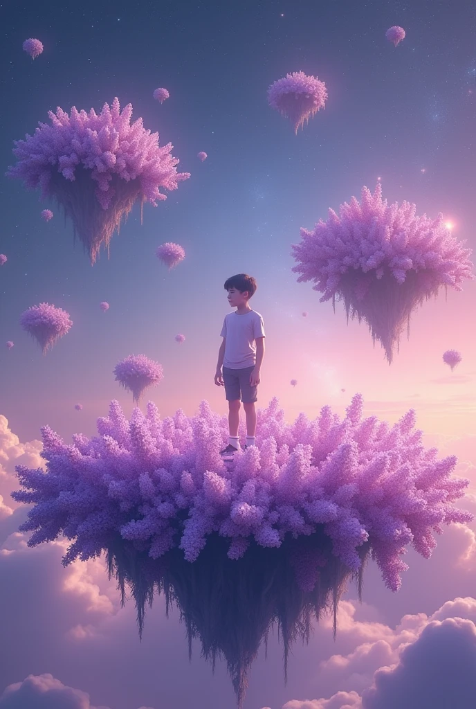 creates an image of a boy on a floating island full of lilac flowers in the middle of space