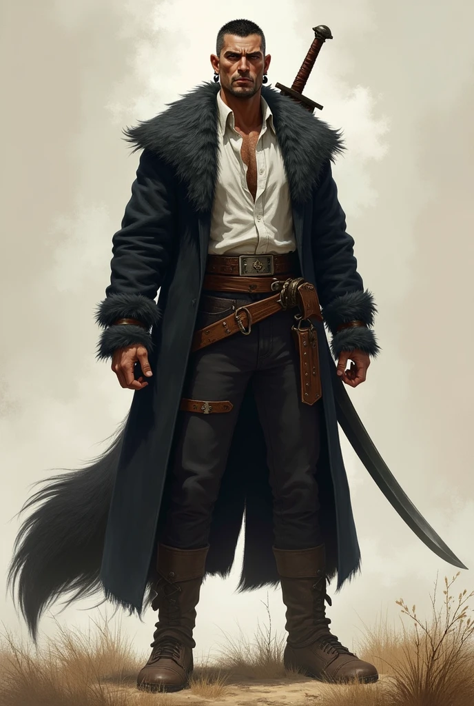 He is a tall indigenous man, 2 meters tall, with a square face and short dark hair and a beardless face with a smooth, clean-shaven face. His eyes are wolf-like and one of them is closed with pointy ears with earrings. He wears a dark black overcoat with a white shirt underneath and dark pants and has a strong physique with broad shoulders and chest and a large wolf tail. A large sword is strapped to his back. I would like the art in a fantasy RPG style. In the Old West