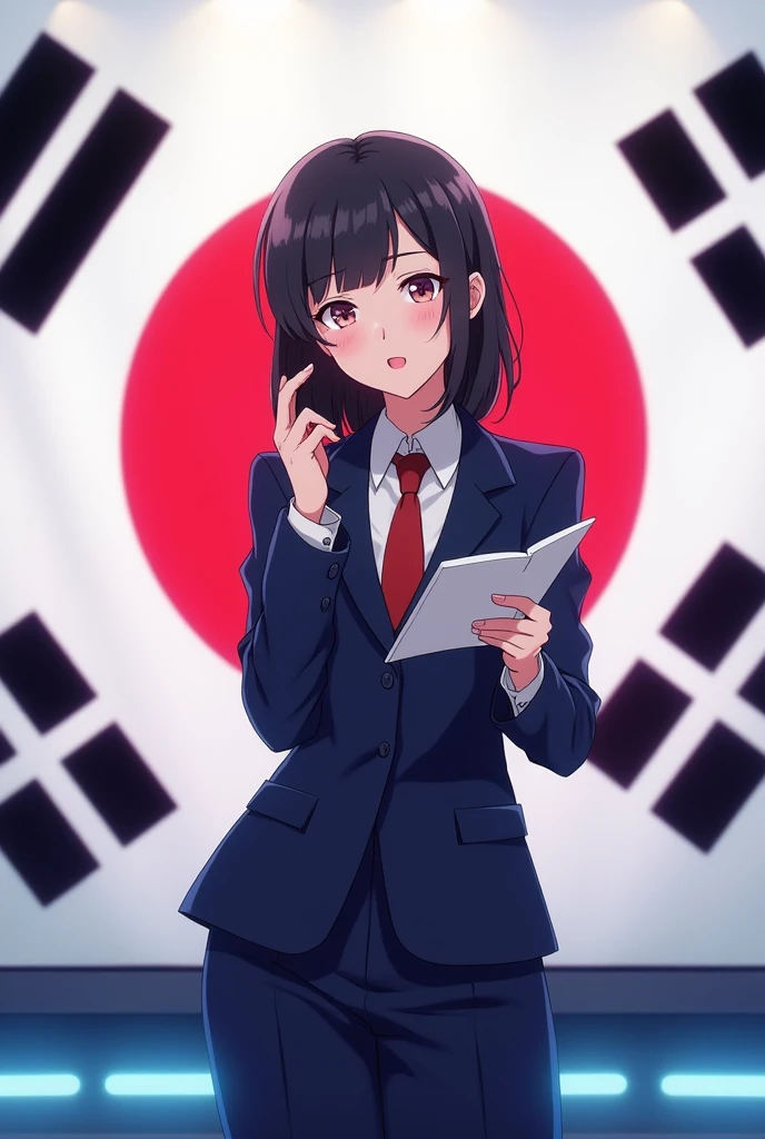 A reporter with the South Korean flag in the background generates (anime style)
