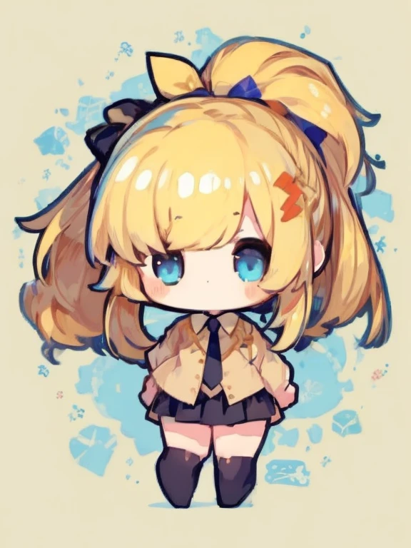 ((chibi)), big head, focus face, flat avatar, (masterpiece:1.2, highest quality), (Realistic, photoRealistic:1.4), Beautiful illustrations, (Natural Side Lighting, Cinema Lighting), Written boundary depth, Beautiful thighs staring at the viewer, 1 female, 20-year-old, alone, thin, slender, (small breasts), anime girl in a short red check skirt and Black blouse with formal collar ((yellow tie)), ((white sox)), yellow cardigan, ((Blue eyes)), Messy hair, High ponytail, hanayamata, single character full body, anime full body illustration, from girls frontline, full body single character, girls frontline style, anime vtuber full body model, render of april, full body with costume, full body illustration, visual novel sprite, fine details. girls frontline