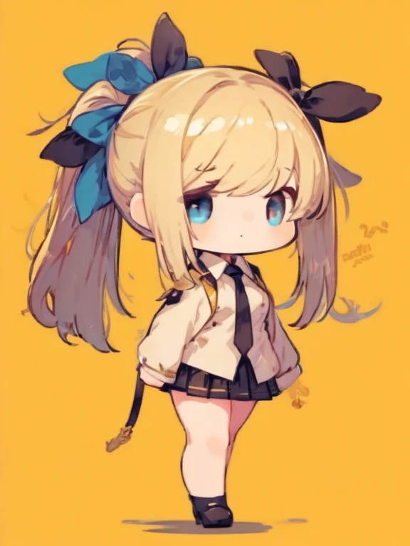 ((chibi)), big head, focus face, flat avatar, (masterpiece:1.2, highest quality), (Realistic, photoRealistic:1.4), Beautiful illustrations, (Natural Side Lighting, Cinema Lighting), Written boundary depth, Beautiful thighs staring at the viewer, 1 female, 20-year-old, alone, thin, slender, (small breasts), anime girl in a short red check skirt and Black blouse with formal collar ((yellow tie)), ((white sox)), yellow cardigan, ((Blue eyes)), Messy hair, High ponytail, hanayamata, single character full body, anime full body illustration, from girls frontline, full body single character, girls frontline style, anime vtuber full body model, render of april, full body with costume, full body illustration, visual novel sprite, fine details. girls frontline