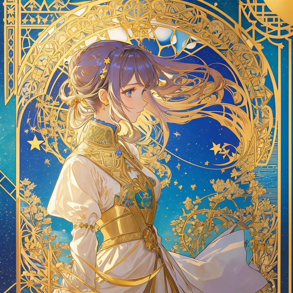 1 girl, (masterpiece, highest quality, highest quality, beautiful and aesthetic: 1.2), (1 girl: 1.3), lots jewelry, delicate arabic style clothing, square picture frame, ((face)), cool face, Traditional Arab blue dress, color hairstyle, Ultra-detailed, Soft Light, Gentle colors, solo, dynamic, (((geometric star patterns in the background))), profile,低めのポニーテール, bun hair, Alphonse Mucha's