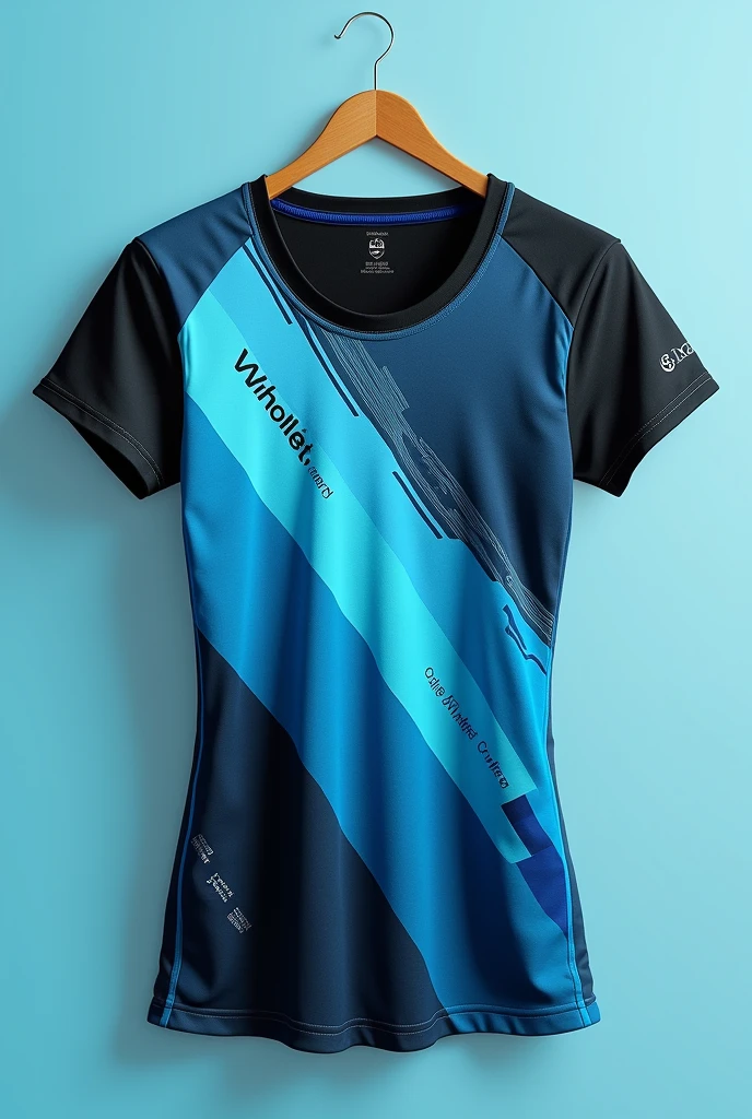 Create a women's sports t-shirt with designs in blue,celeste,negro