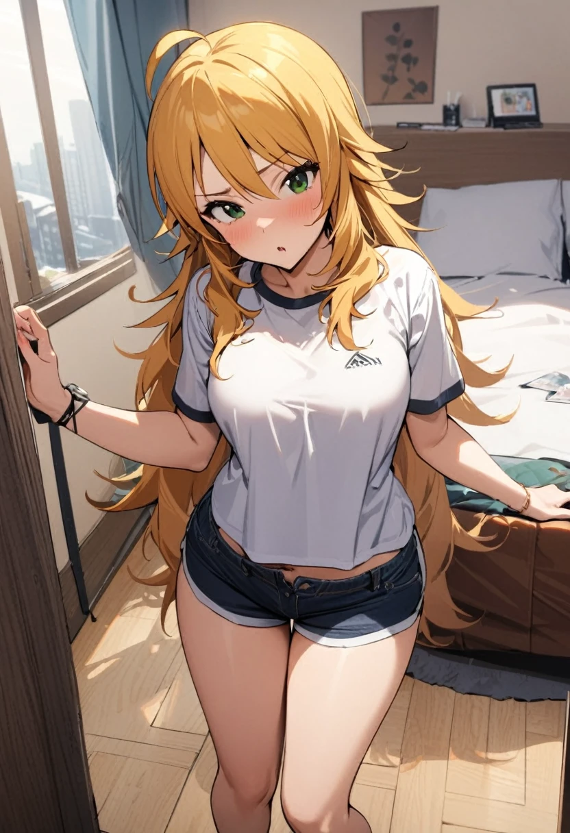 (masterpiece, highest quality:1.2), A girl with blonde hair and red eyes wearing a white shirt, Side Ponytail, Full Bang, Looks confused, Inside the house, 
Super detaileded, highest quality, Expressive eyes, Perfect Face, super high quality, Super detailed,nsfw,cameltoe