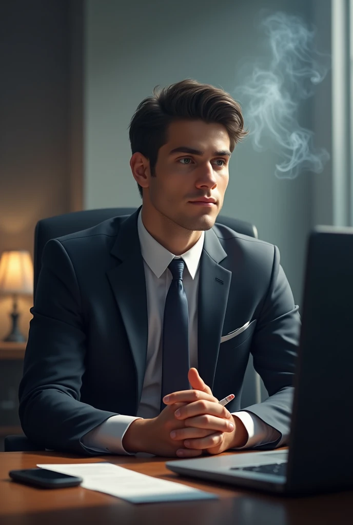 Man Of young age Short Hair Black Realistic In Suit Sitting In His Office With A Computer Brand Iphone Wearing A Tie Smoking Owner Of A Football Club 