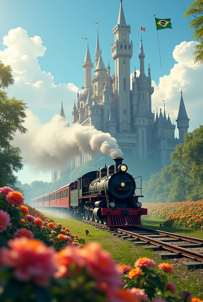 A train passing through a line full of flowers. Light background with a beautiful castle with high towers and ultra detailed flags, and one of them must be the Brazilian Flag 