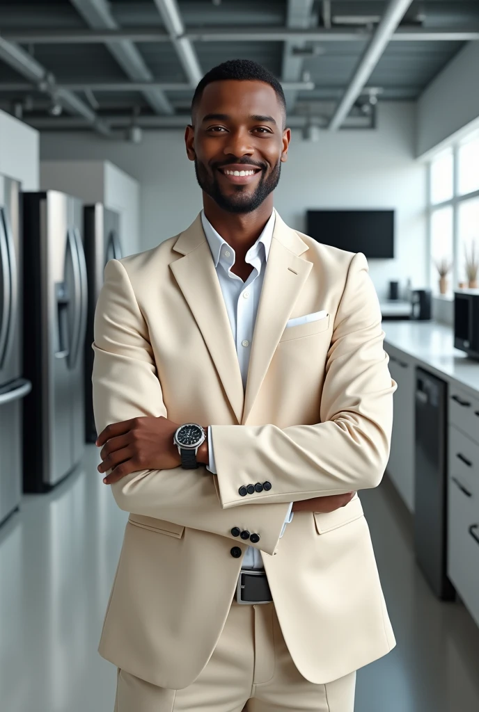 perfect! Here is a detailed description of your avatar:
1. **Face and Hair**: 22 year old dark skinned man, with hair cut low and well trimmed. Small well-groomed beard.
2. **badass clothing**: Light colored formal wear, like a white or light blue dress shirt, and a matching blazer or vest. The watch should be on the left wrist.
3. **Expression and posture**: Friendly and confident expression, com um leve sorriso. Posture that reflects leadership and professionalism.
4. **fund**: An appliance store environment with several visible appliances, like refrigerators, televisions and microwaves.
5. **texto**: The phrase "Eletrokasa Owl" written in a clear, bold font on the front