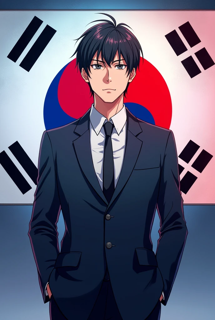 A male reporter with the South Korean flag in the background generates (anime style)