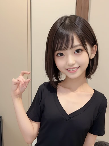 Japanese female, (underweight), (flat chest best quality:1.5), 30 years old, (cheerful grin:1.3),NSFW,
very short length shirts with open chest