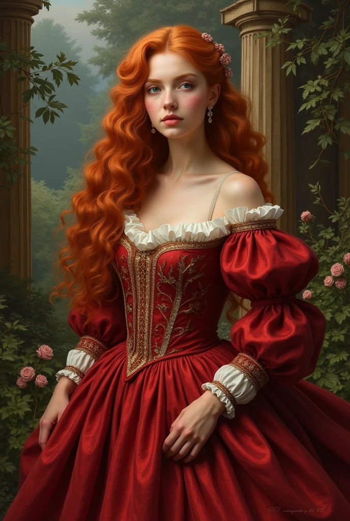 best qualityer, work of art, ultra high resolution, red-haired woman, long curly hair,redgown, medieval clothes, extreme detail, 4K,