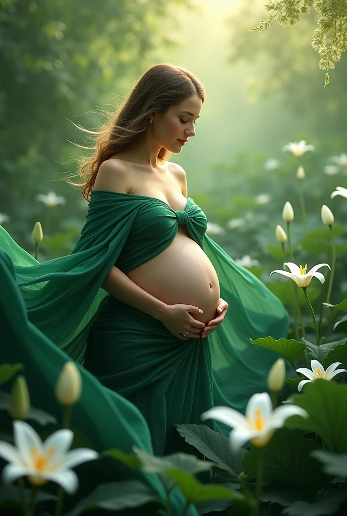 gestante, 9 meses, green flowing fabric, many peace lilies