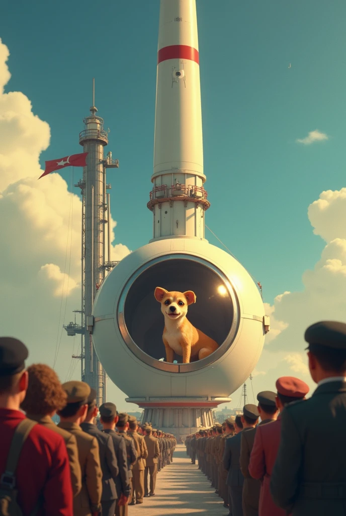 Create an animation set in the 50s where you see the dog Laika being put in the ship to launch her into space and there are people around her