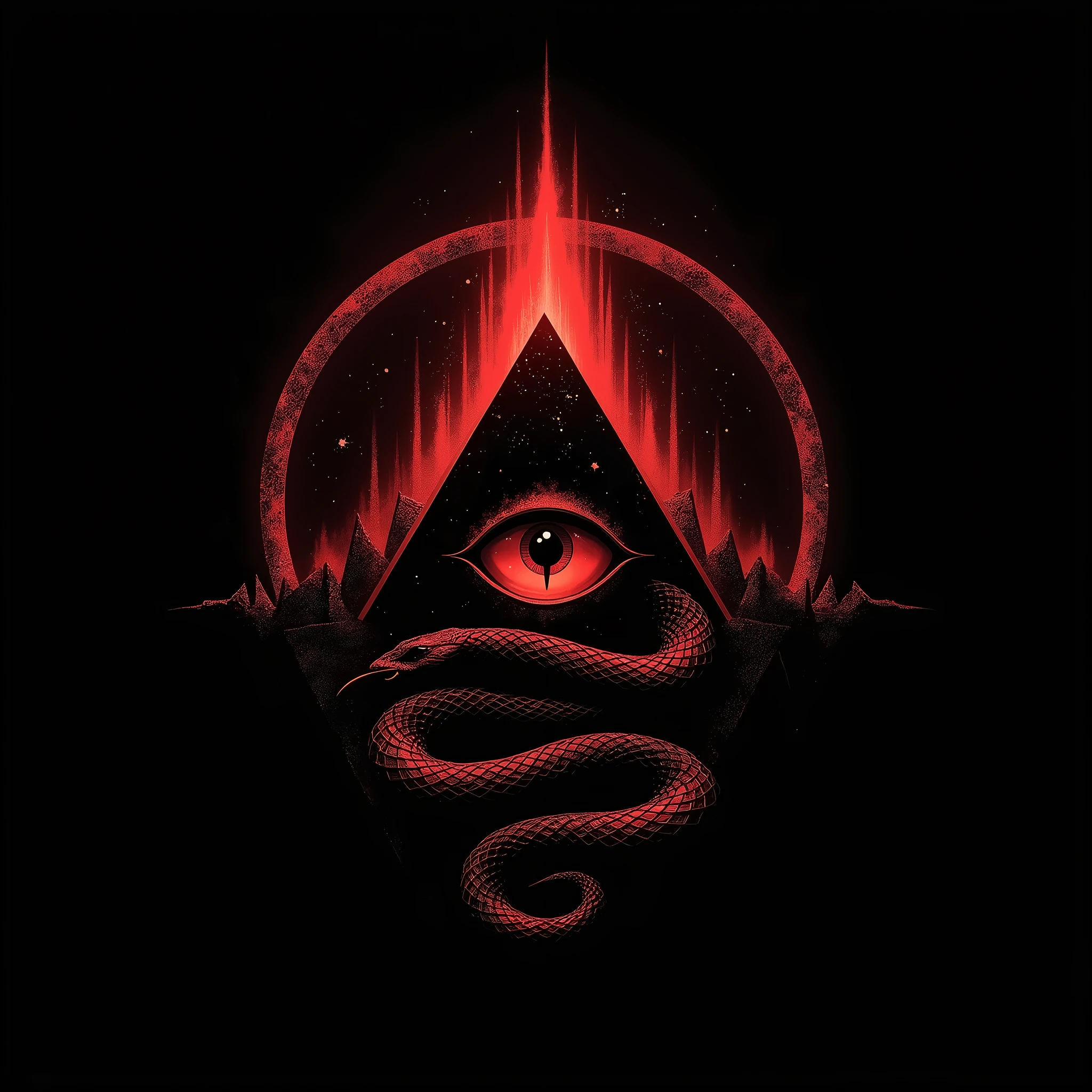 Create a logo, Pyramid with an eye in its center, snake coiled around the pyramid. Use colors are black and red