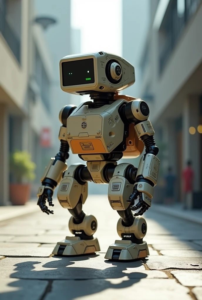 A robot turtle that stands on two legs, and that his head is square, His stomach is square And his hands are small and so are his legs.