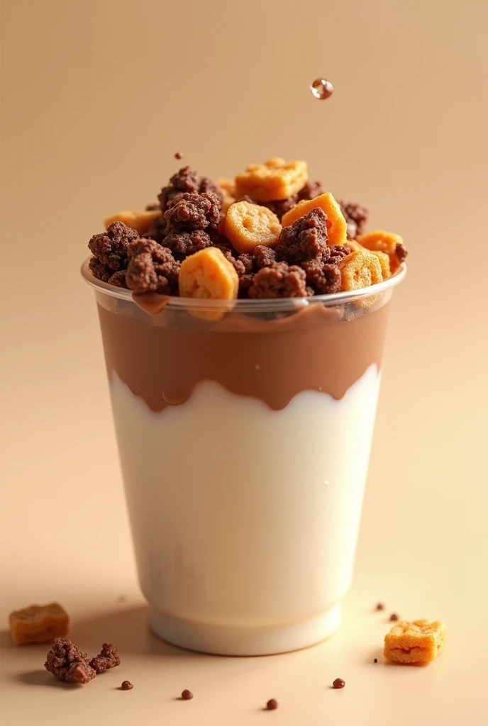 A Crunchy Cereal with chocolate granola in a cup with milk