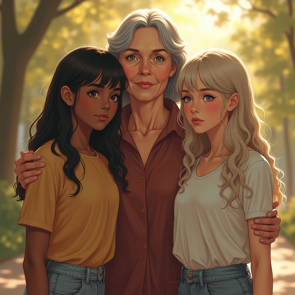 A picture of a mother with her two daughters, One is brunette with straight black hair and the other is white with brown wavy hair. The mother is a little older and is watching her daughters take their own paths., The dark-haired daughter goes to a construction business and the white daughter, is moving towards the idea of graduating from high school