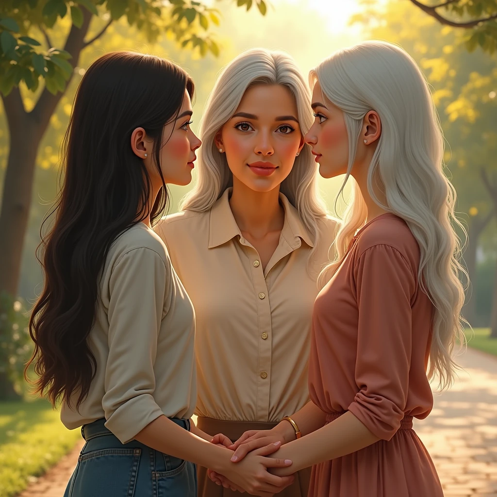 A picture of a mother with her two daughters, One is brunette with straight black hair and the other is white with brown wavy hair. The mother is a  older and is watching her daughters take their own paths., The dark-haired daughter goes to a construction business and the white daughter, is moving towards the idea of graduating from high school