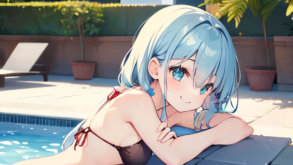 ((masterpiece)), ((best quality)), (ultra-detailed), pool, a cute girl, 1girl, solo, bikini, ((beautiful eyes)), smile