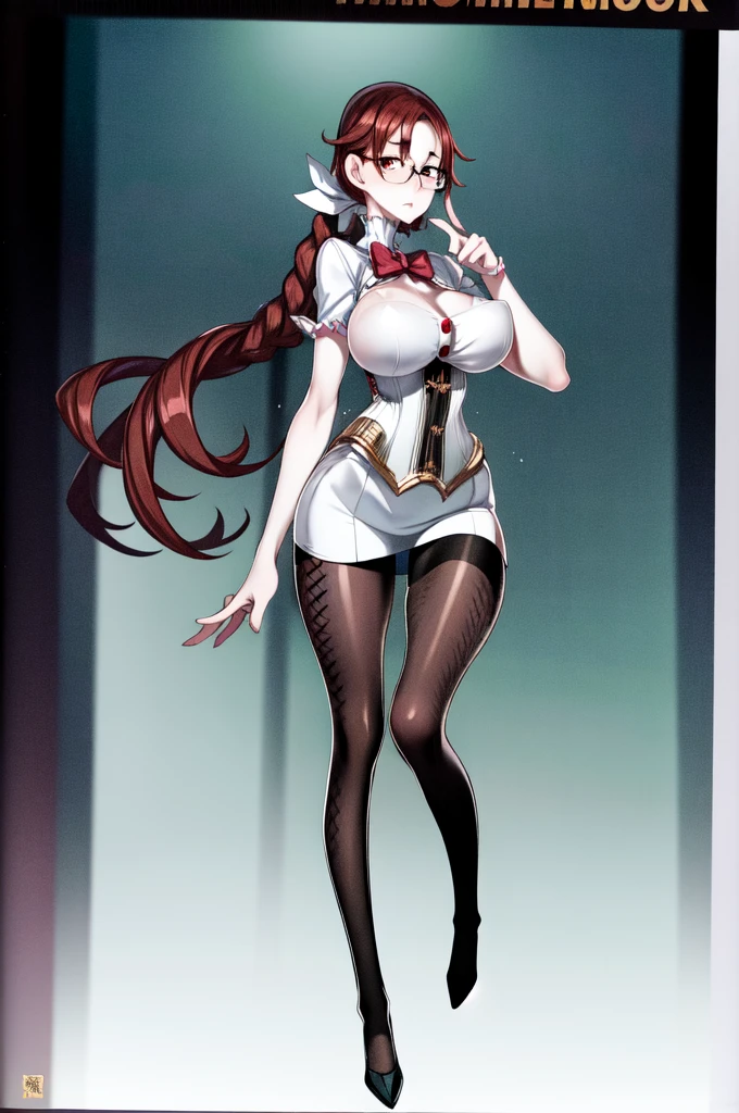 full body, solo, 1girl, skeptical, looking at viewer, redhead,glasses, short dress,corset, pantyhose,red eyes, long hair, braid side ponytail, mature female