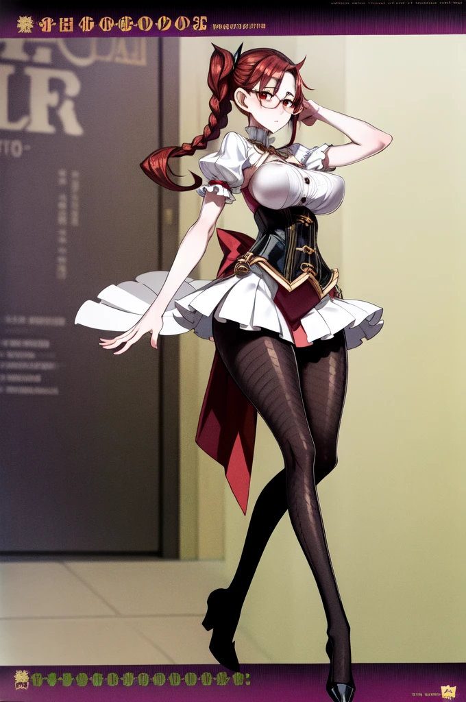 full body, solo, 1girl, skeptical, looking at viewer, redhead,glasses, short dress,corset, pantyhose,red eyes, long hair, braid side ponytail, mature female