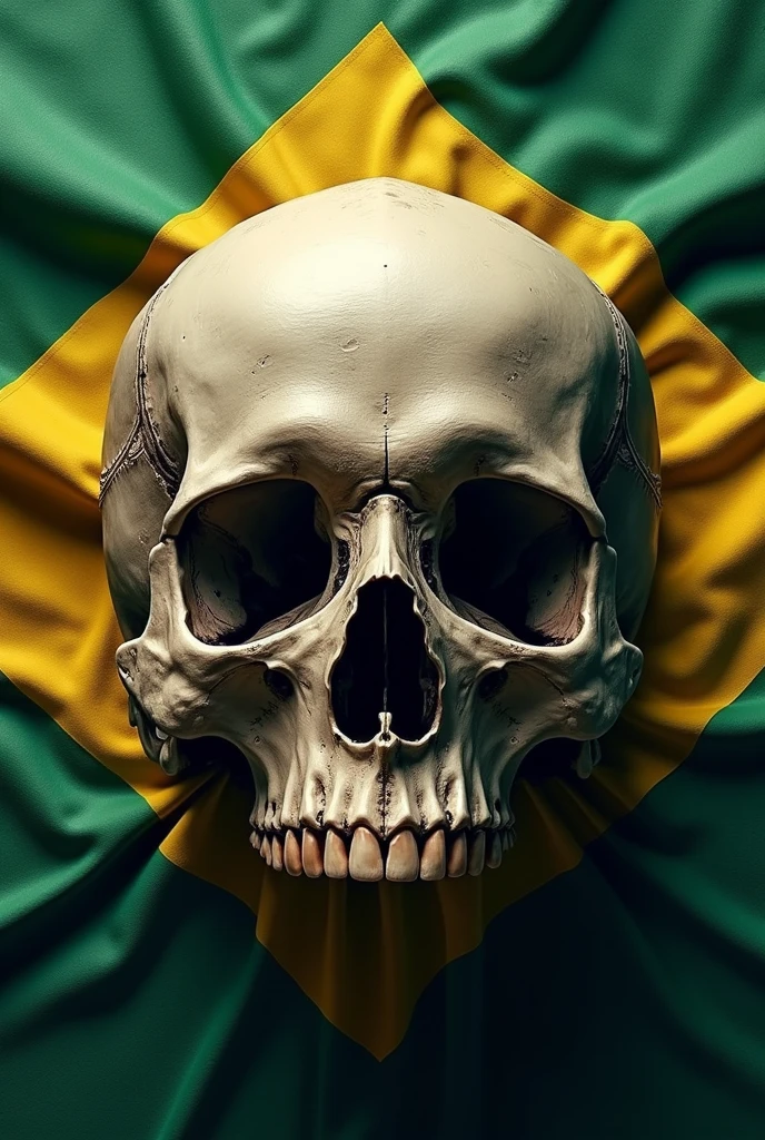portrait of a living skeleton with a Brazilian flag in the background