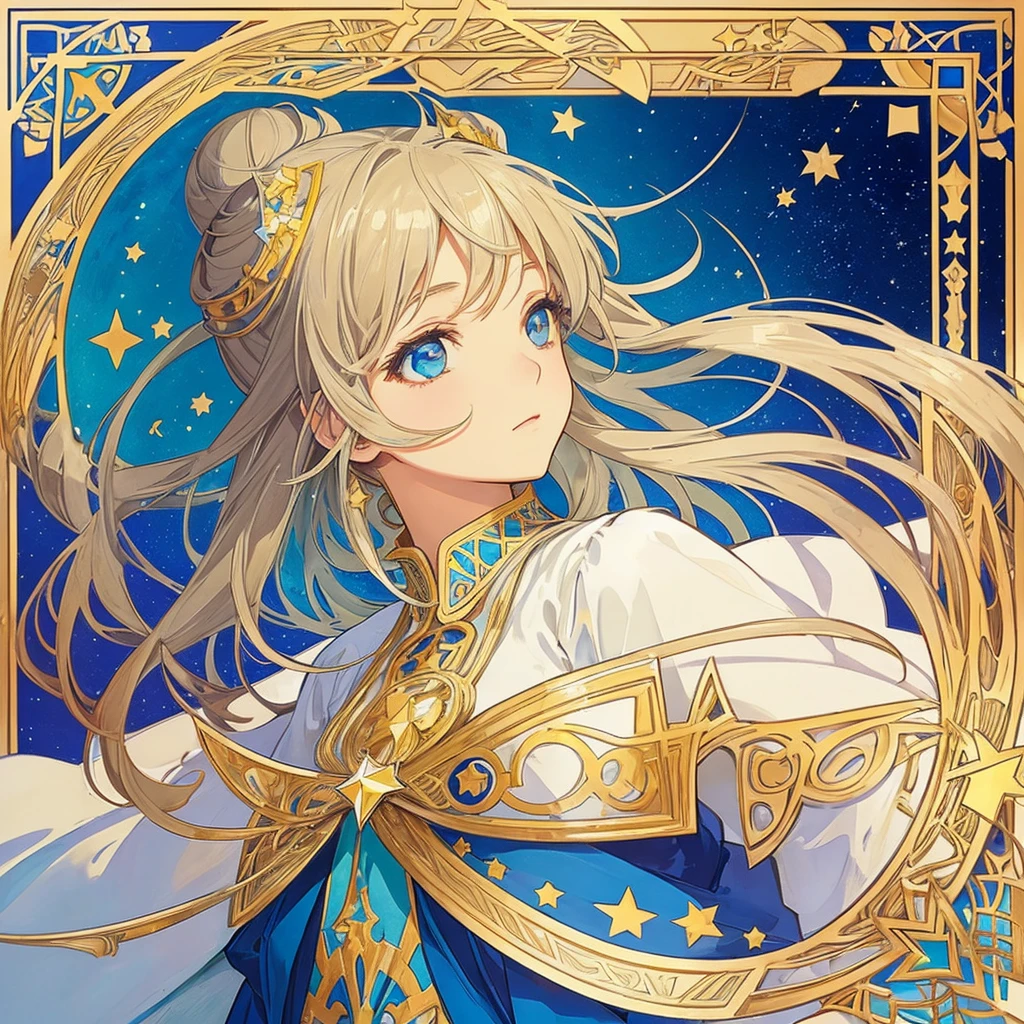 1 girl, (masterpiece, highest quality, highest quality, beautiful and aesthetic: 1.2), (1 girl: 1.3), lots jewelry, delicate arabic style clothing, square picture frame, ((face)), cool face, Traditional Arab blue dress, color hairstyle, Ultra-detailed, Soft Light, Gentle colors, solo, dynamic, (((geometric star patterns in the background))), profile,低めのポニーテール, bun hair, Alphonse Mucha's