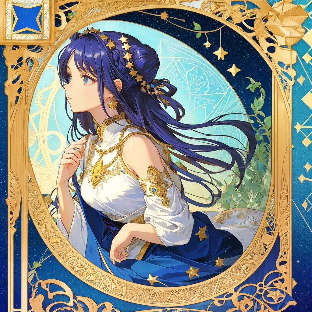1 girl, (masterpiece, highest quality, highest quality, beautiful and aesthetic: 1.2), (1 girl: 1.3), lots jewelry, delicate arabic style clothing, square picture frame, ((face)), cool face, Traditional Arab blue dress, color hairstyle, Ultra-detailed, Soft Light, Gentle colors, solo, dynamic, (((geometric star patterns in the background))), profile,低めのポニーテール, bun hair, Alphonse Mucha's