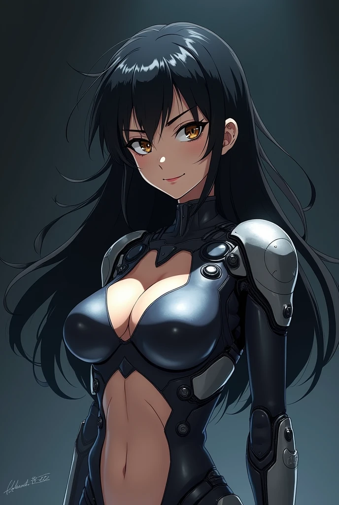 (Upper part of the body), (realist, [cheered up]), (3D:0.3), dramatic lighting, ((masterpiece)),(quality),(High resolution), void star high lady, [[covered abs]], ((x ray power armor|mono lined|white power armor) mechanical arms), long black hair trimmed, [evil smile], small breasts, Covered navel, eyeliner, eyelashes, perfect face, Beautiful nose, detailed student, pretty eyes, detailed eyes, Brown eyes, perfect lips, a pose on the monitor, simple background, [Boku no Hero Academia], (sets:1) ,  