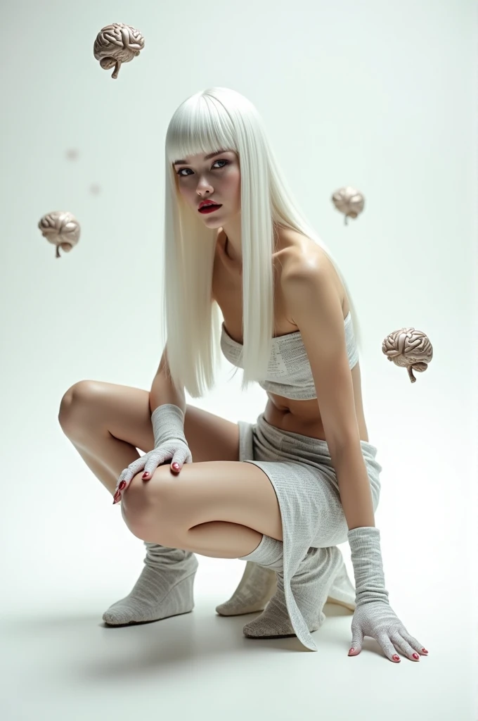 A woman with long straight white hair with bangs,she will wear a paper crop top made from newspaper,a mini paper skirt made from newspaper and a boot made from newspaper,she will be crouched and the background will be white with little metallic brains floating in the background,I want her beautiful like a model,she will wear a newspaper glove and wine red lipstick
