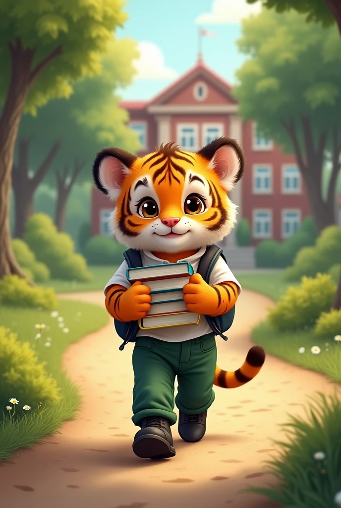 Baby tiger walking to school with books, long green pants, black shoes, white shirt without jacket