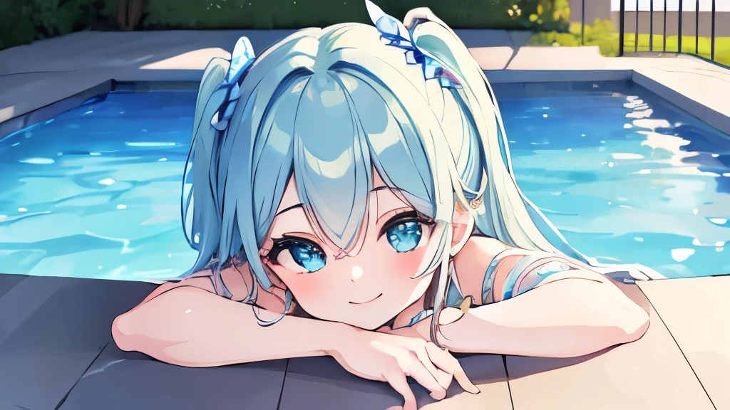 ((masterpiece)), ((best quality)), (ultra-detailed), pool, a cute girl, 1girl, solo, bikini, ((beautiful eyes)), smile