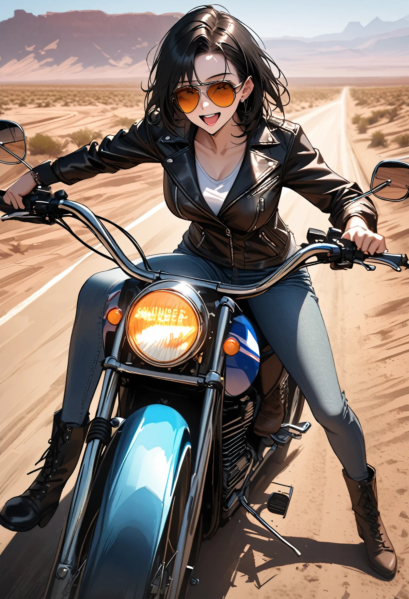 close up, female, solo, short messy black hair, aviator sunglasses, black leather jacket, worn jeans, leather boots, chopper bike, American desert road landscape with old dinner, sunny, bike gang, large breasts, tall, road, broad shoulders, having fun