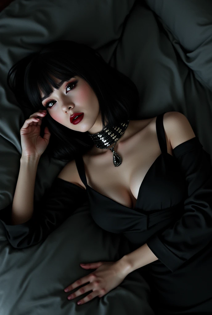 Goth girl, black Chanel hair with bangs, black blouse, black neck accessory, black color gothic makeup deitada na cama