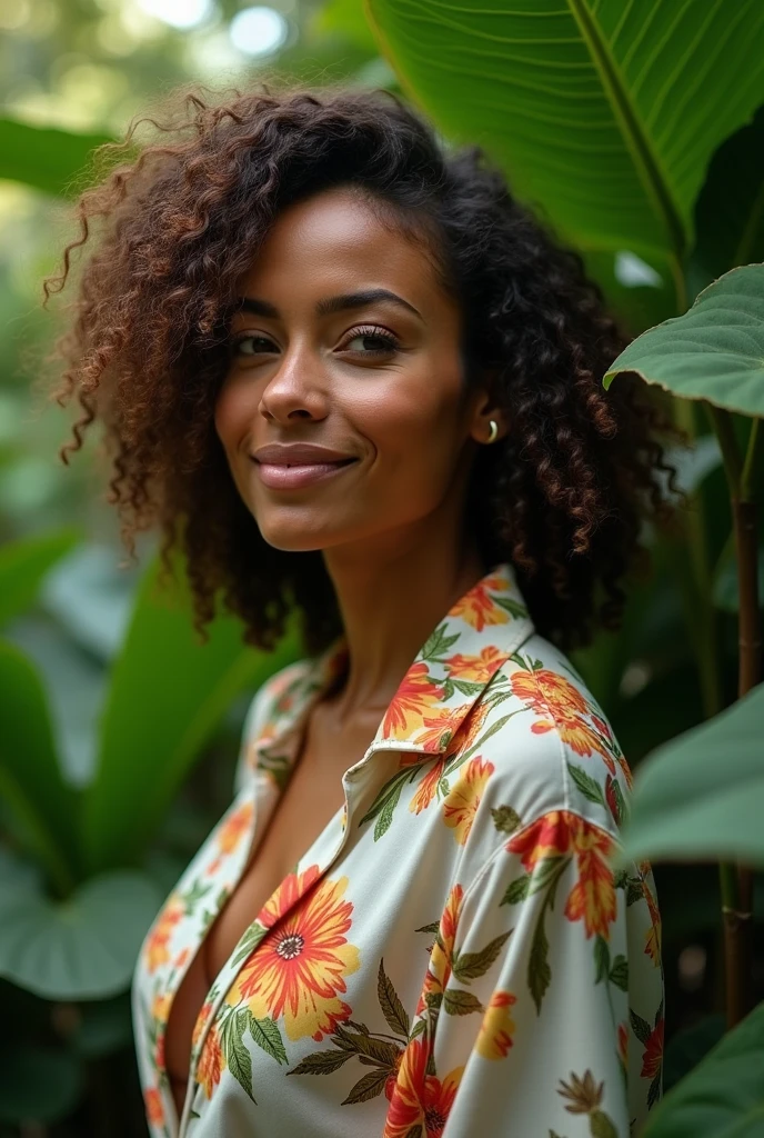 A Brazilian woman in a lush tropical garden, wearing an open shirt with a floral print, with a close-up capturing the harmonious beauty between her breasts and the natural flowers, showing off your natural charm and outgoing personality.