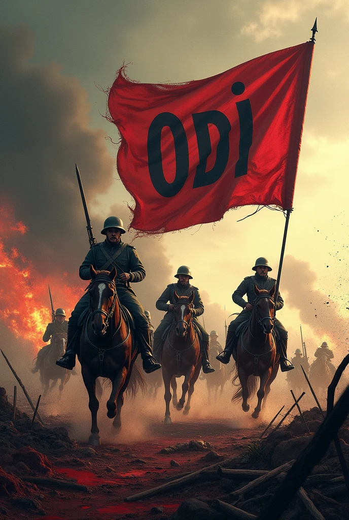 World War I banner with ODI name, with weapons and blood, with soldiers on horseback