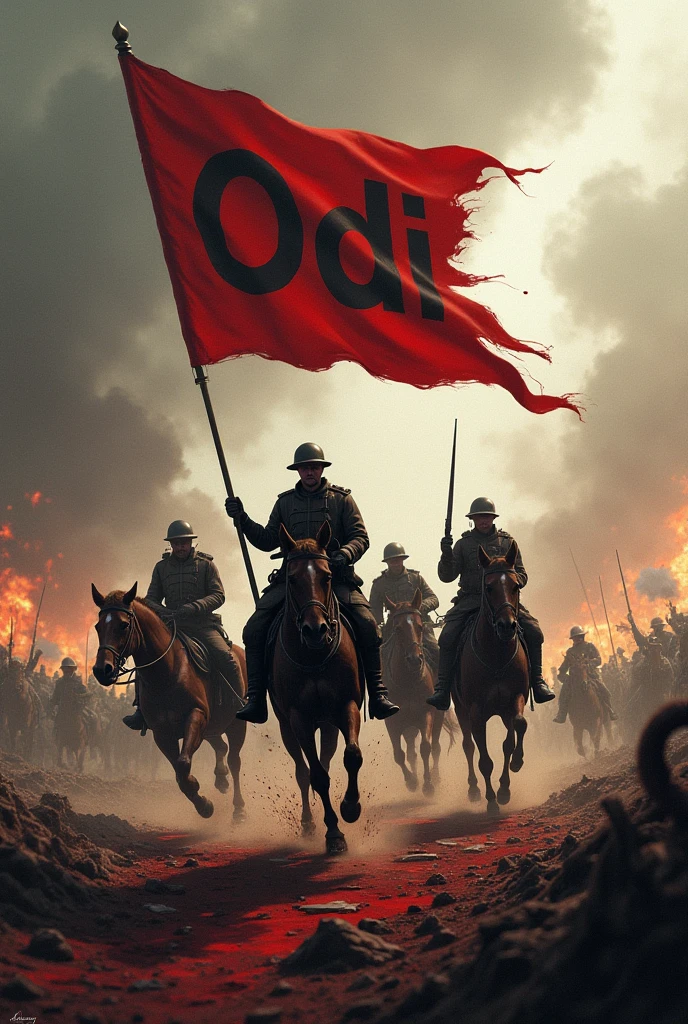 World War I banner with ODI name, with weapons and blood, with soldiers on horseback