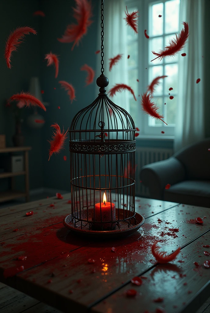 close up of an empty bloody big bird cage with bloody feathers in the air on a living room table in the dark