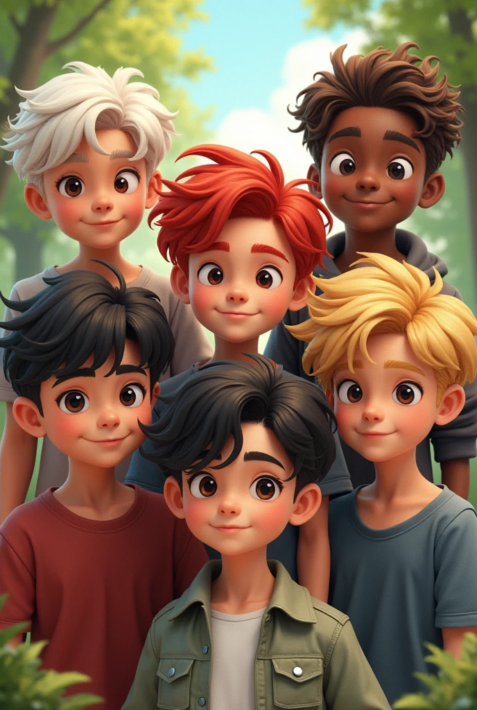 Create an image with 10 boys! being them:
• Blonde from neck length hair • Blonde from shorter hair • Black from black hair • Black from dark red hair • Korean from dark hair • Brown from light brown hair • White from BLACK hair • White from CURLY hair!
• White of light brown hair • White of red hair
